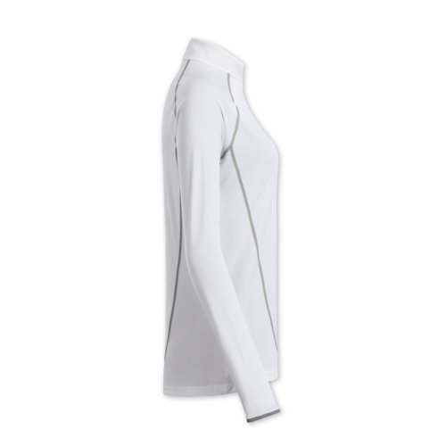 Camiseta blanca de polister de manga larga para mujer con cuello alto.