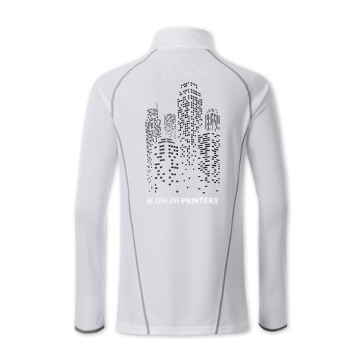 Camiseta blanca de polister de manga larga para mujer con cremallera.