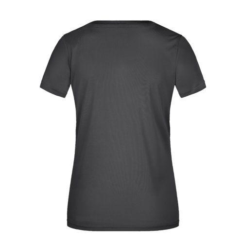 Camiseta negra de polister con cuello en V y mangas cortas.