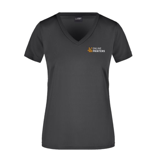 Camiseta negra de polister con cuello en V para mujer.