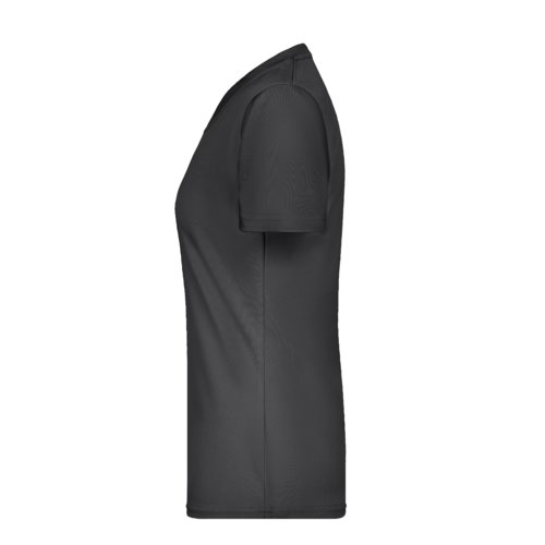 Camiseta negra de polister para mujer con cuello en V y manga corta.