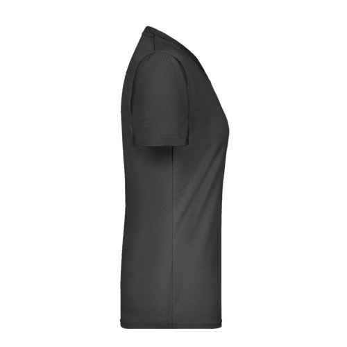 Camiseta negra de polister con cuello en V para mujer y mangas cortas.