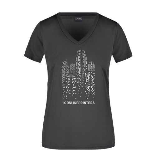 Camiseta negra de polister para mujer con cuello en V.