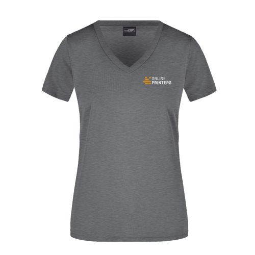 Camiseta de polister jaspeado gris oscuro con cuello en V para mujer.