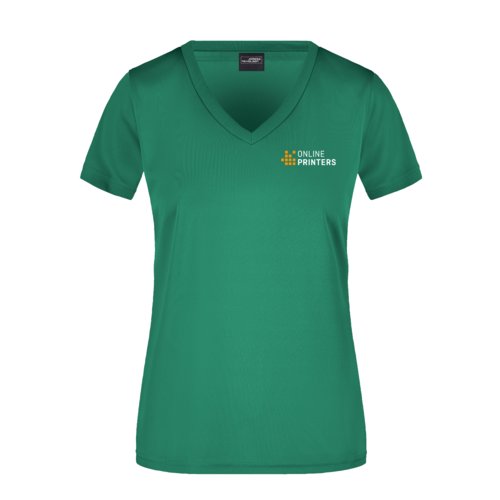 Camiseta funcional verde de mujer con cuello en V y mangas cortas.