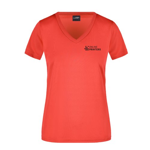 Camiseta roja de polister para mujer con cuello en V y manga corta.