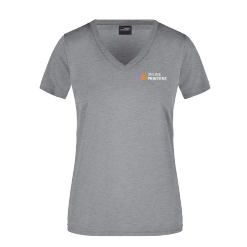 Camiseta de polister gris jaspeado con cuello en V para mujer.