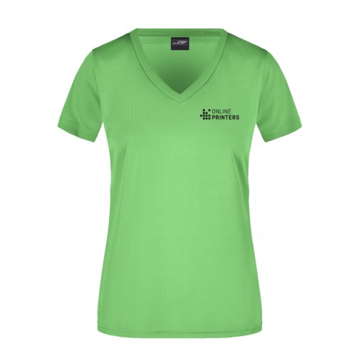 Camiseta de polister verde manzana con cuello en V para mujer.