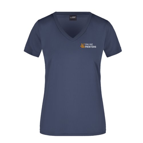 Camiseta de polister azul negruzco de mujer con cuello en V.