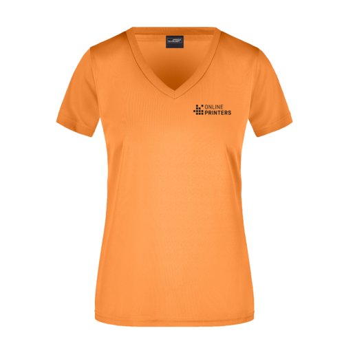Camiseta naranja de polister con cuello en V para mujer.