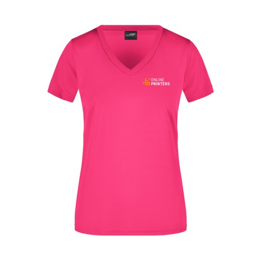 Camiseta rosa de polister para mujer con cuello en V y mangas cortas.