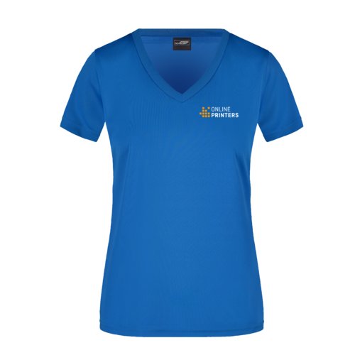 Camiseta de polister azul real para mujer con cuello en V y mangas cortas.