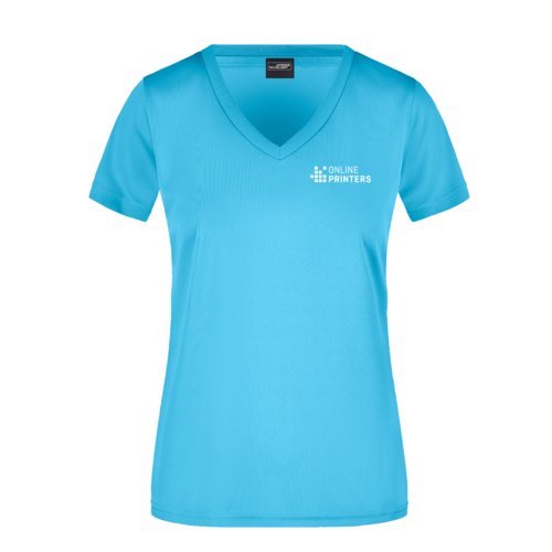 Camiseta turquesa de polister con cuello en V para mujer.