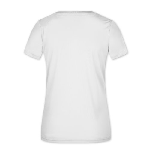 Camiseta blanca de polister para mujer con cuello en V y manga corta.