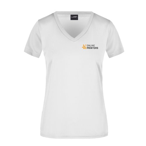 Camiseta blanca de polister para mujer con cuello en V y mangas cortas.