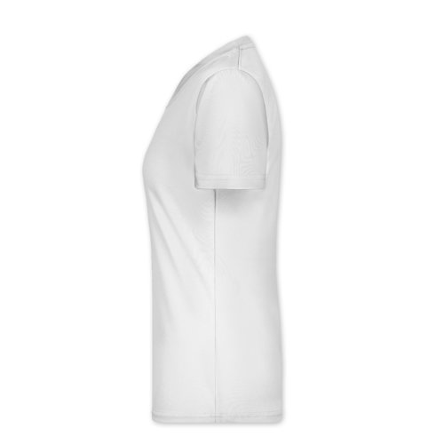 Camiseta blanca de polister con cuello en V para mujer.