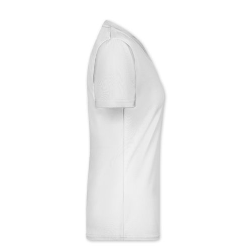 Camiseta blanca de polister con cuello en V para mujer.