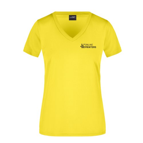 Camiseta amarilla de polister con cuello en V para mujer.