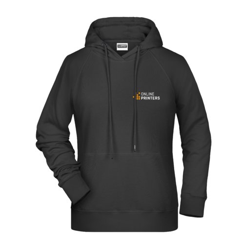 Sudadera negra con capucha para mujer en mezcla de algodn y polister con bolsillo tipo canguro.