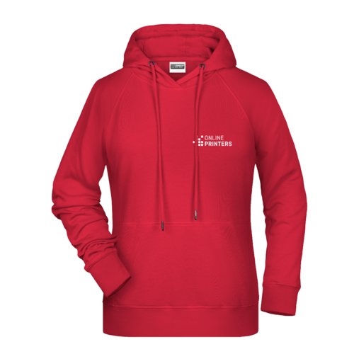 Sudadera roja de algodn y polister para mujer con capucha y bolsillo tipo canguro.