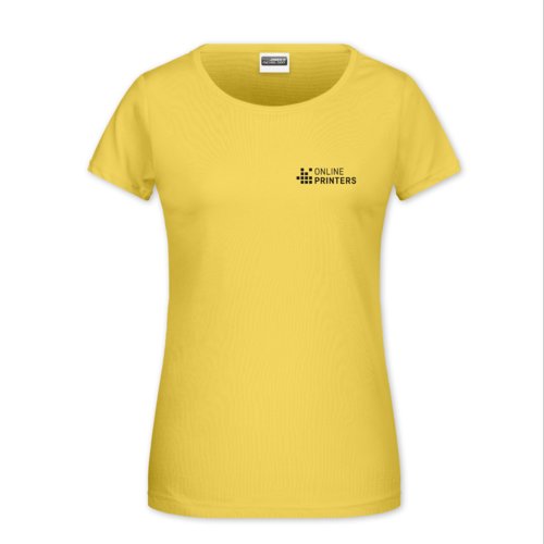 Camiseta amarilla de algodn para mujer con mangas cortas y cuello redondo.