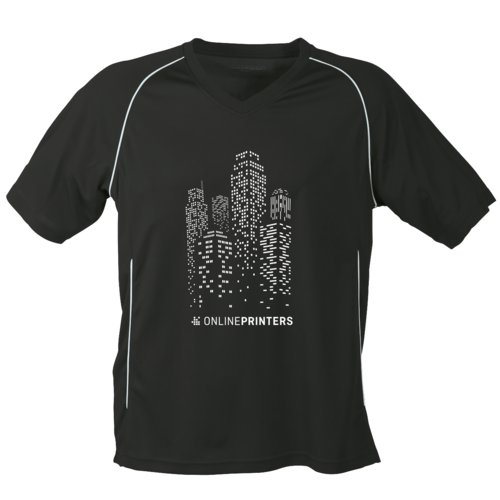 Camiseta de polister en blanco y negro con cuello en V y mangas cortas.