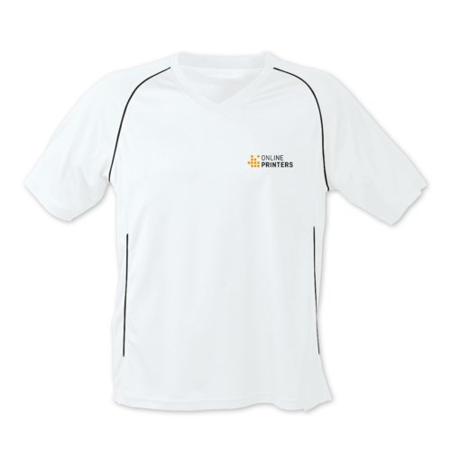 Camiseta de polister blanca y negra con mangas cortas.