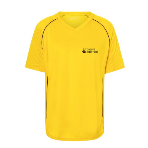 Camiseta amarilla de polister con cuello en V y mangas cortas.
