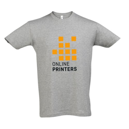 Camiseta gris de algodn con mangas cortas y cuello redondo, unisex.