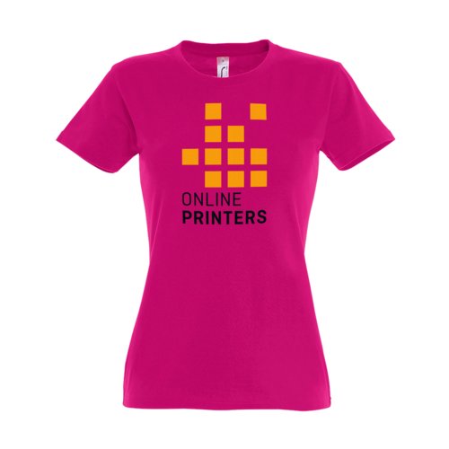 Camiseta de mujer fucsia de algodn con mangas cortas.