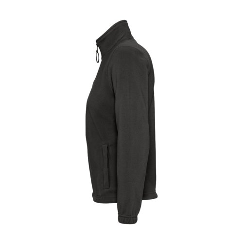 Chaqueta polar negra de polister con cremallera completa y bolsillos laterales para mujer.