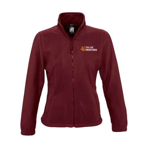 Chaqueta polar de polister burdeos para mujer con cremallera completa y bolsillos.