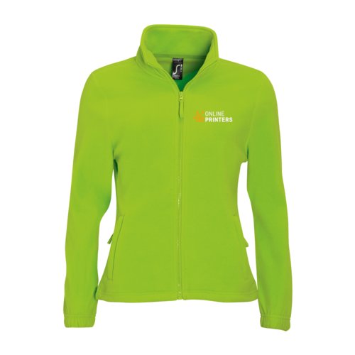 Chaqueta polar de polister verde manzana con cremallera completa y bolsillos laterales.