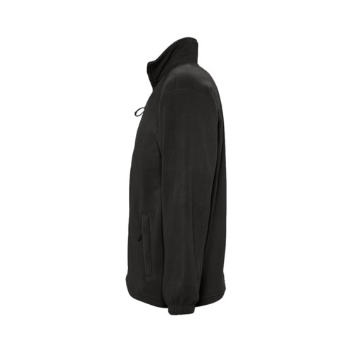 Chaqueta polar negra de polister con cremallera y bolsillos laterales.