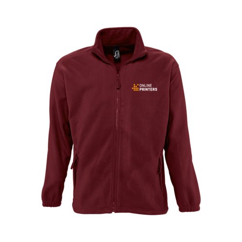 Chaqueta de forro polar de polister burdeos con cremallera completa.