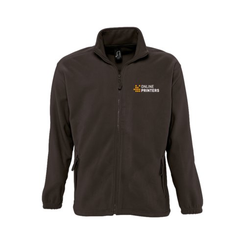 Chaqueta polar de polister marrn oscuro con cremallera completa y bolsillos laterales.