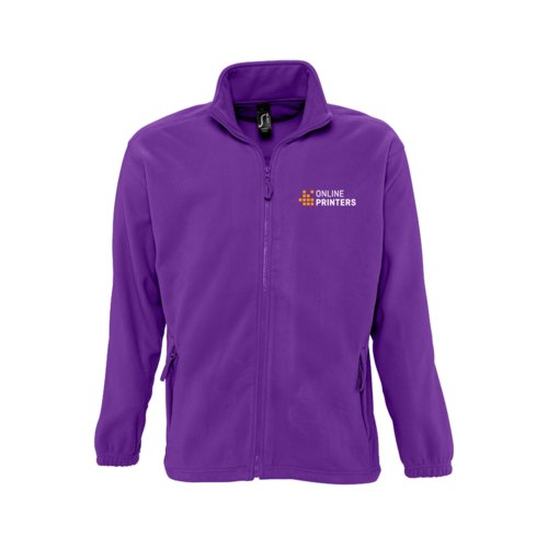 Chaqueta polar de polister violeta oscuro con cremallera completa.