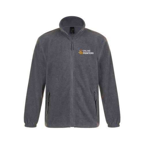 Chaqueta polar gris de polister con cremallera completa y bolsillos laterales.
