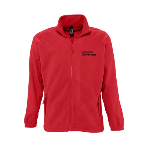 Chaqueta polar roja de polister con cremallera completa.