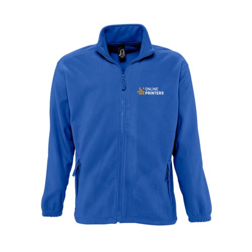 Chaqueta de forro polar de polister azul real con cremallera completa.