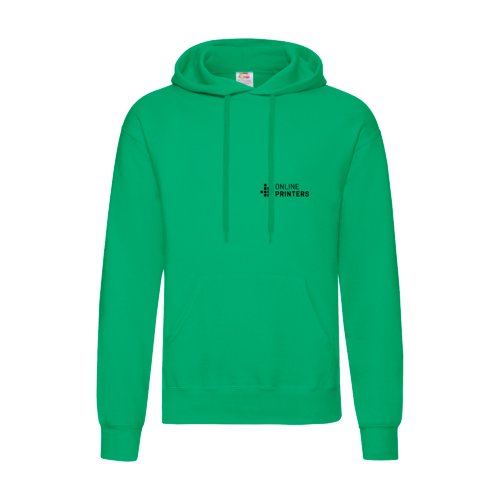 Sudadera verde de tela con capucha y bolsillo tipo canguro.