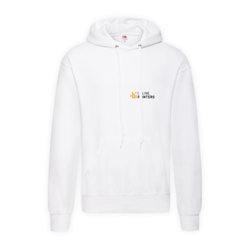 Sudadera blanca de algodn y polister para hombre con capucha y bolsillo canguro.