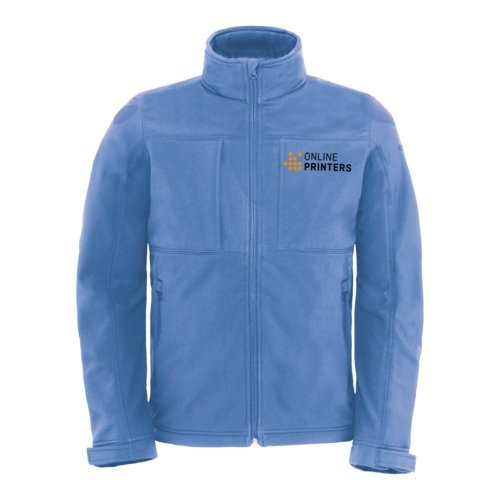 Chaqueta softshell azul celeste de polister y elastano con cremallera y bolsillos.