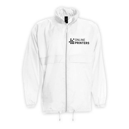 Cortavientos blanco de nailon para hombre con cremallera.