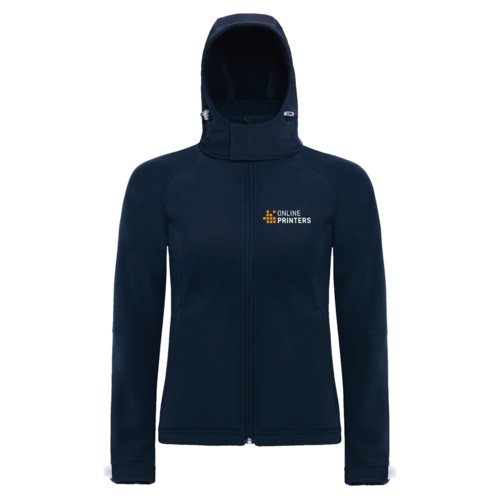 Chaqueta softshell azul marino de polister y elastano con capucha y cremallera.