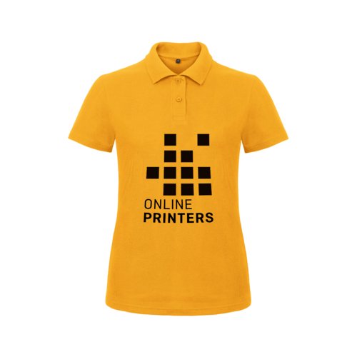 Polo de algodn amarillo dorado para mujer con tapeta de botones corta.