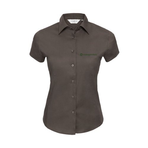 Blusa marrn de algodn con mangas cortas y tapeta de botones para mujer.