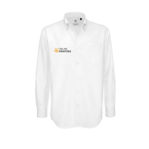 Camisa blanca de algodn y polister para hombre, manga larga y tapeta de botones.