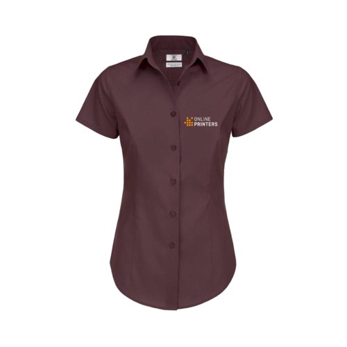 Blusa burdeos de mezcla de algodn con mangas cortas y tapeta de botones.
