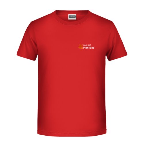 Camiseta roja de algodn para nios con mangas cortas y cuello redondo.